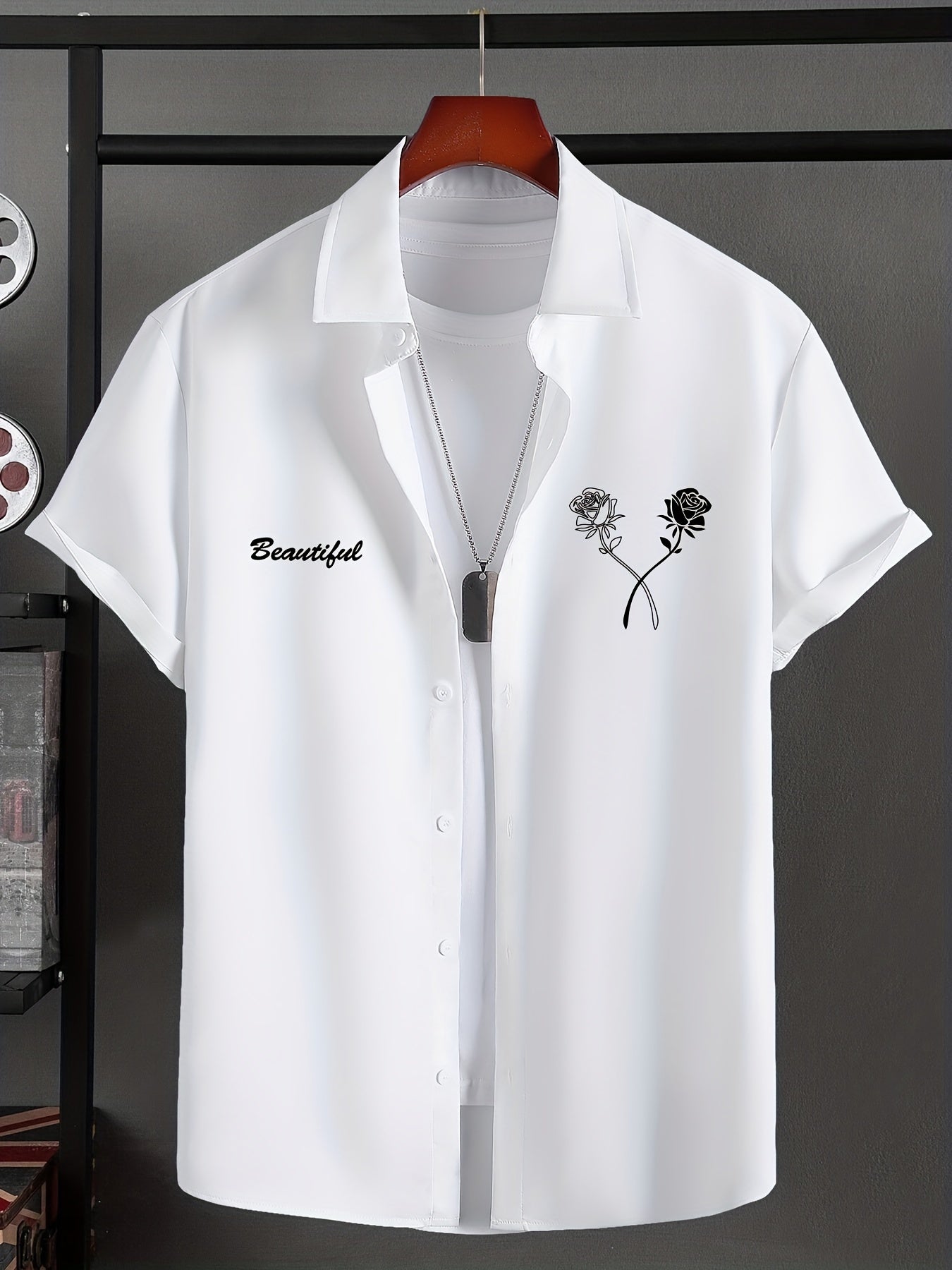 Camisa criativa para homem com estampado gráfico de rosas e letras "BEAUTIFUL", manga curta e lapela, em tecido sem elasticidade, ideal para o verão.