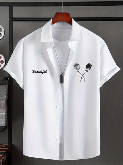 Camisa criativa para homem com estampado gráfico de rosas e letras "BEAUTIFUL", manga curta e lapela, em tecido sem elasticidade, ideal para o verão.