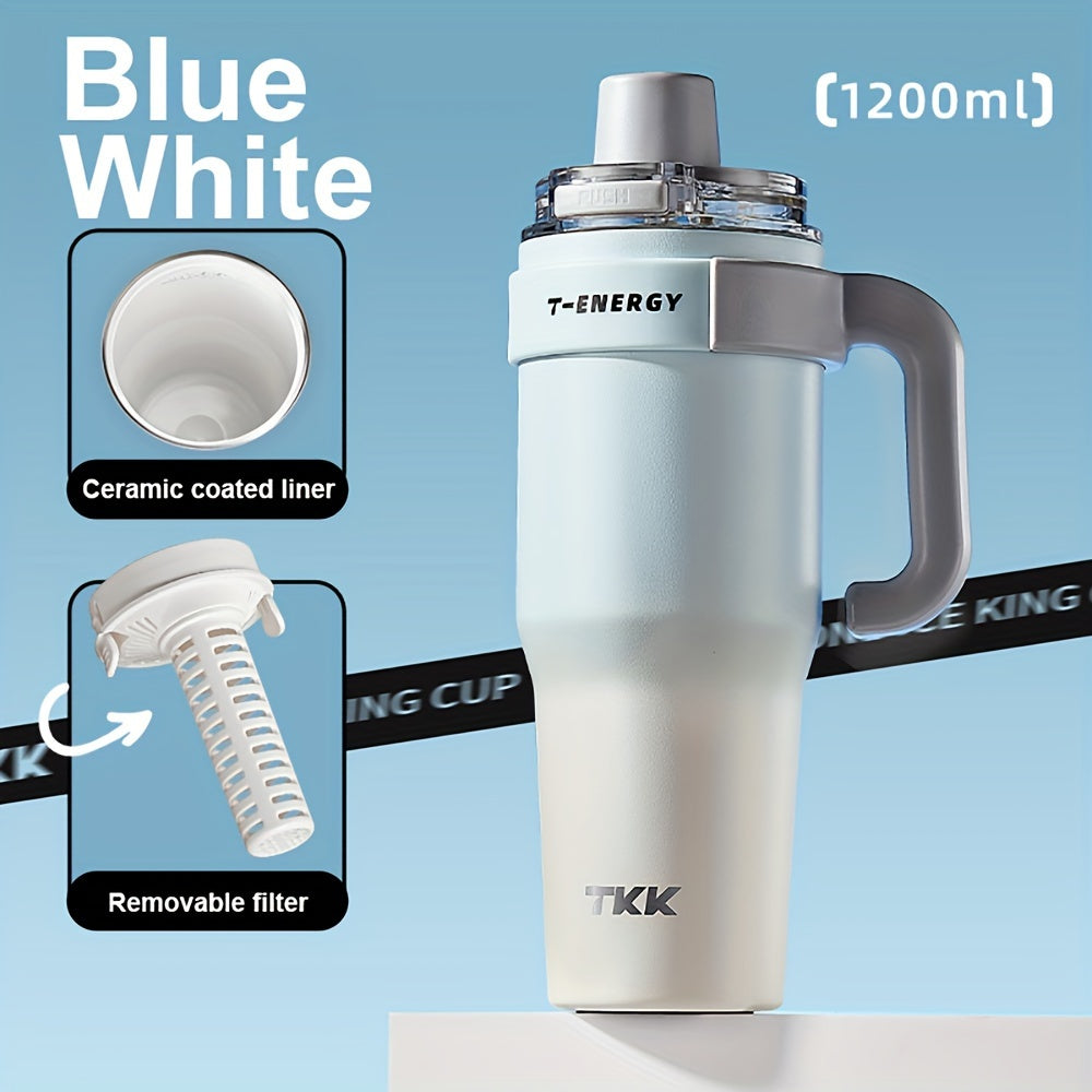 800ml/1200ml Large Capacity Ceramic Coating Liner Stainless Steel Cup Vacuum Keep Warm Cold Mug Cup with Straw Lid Handle for Coffee Coke Carbonated Beverages Ice Leakproof for School Office Outdoor Yoga sports, Travel Coffee