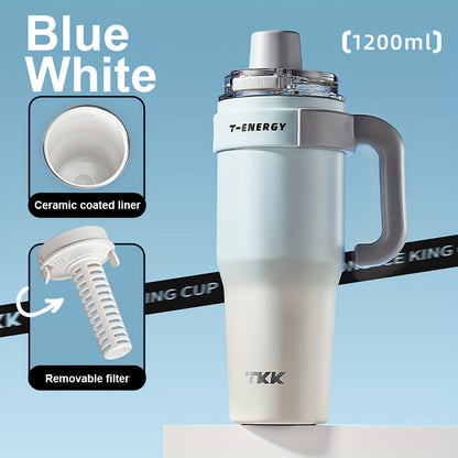 800ml/1200ml Large Capacity Ceramic Coating Liner Stainless Steel Cup Vacuum Keep Warm Cold Mug Cup with Straw Lid Handle for Coffee Coke Carbonated Beverages Ice Leakproof for School Office Outdoor Yoga sports, Travel Coffee