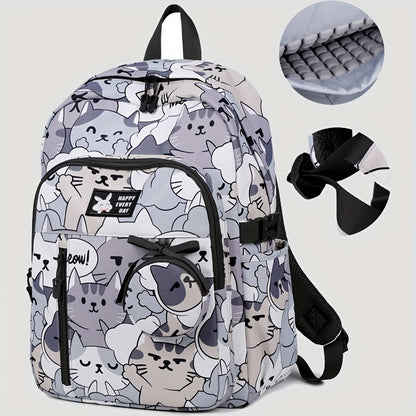 Casual Fashion Cartoon Cats Print Knapsack With Adjustable Strap And Large Capacity, Zip Up, Trendy Backpack For Travel And School