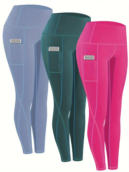 230g Women's Leggings Set of 3 High Waist Breathable with Pockets Compression Tights Multi-Color Suitable for All Seasons Daily Sports Fitness Yoga Shapewear