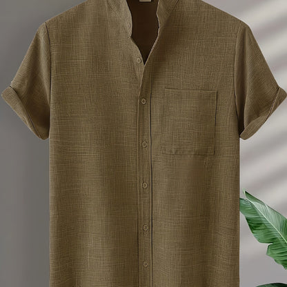 Solid Color Men's Short Sleeve Stand Collar Shirt, Men's Casual Button Up Shirt For Summer Outdoor