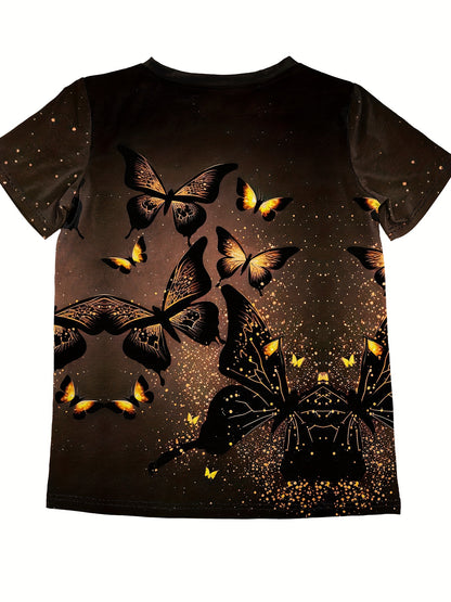 Butterfly Print T-shirt, Short Sleeve Crew Neck Casual Top For Summer & Spring, Women's Clothing