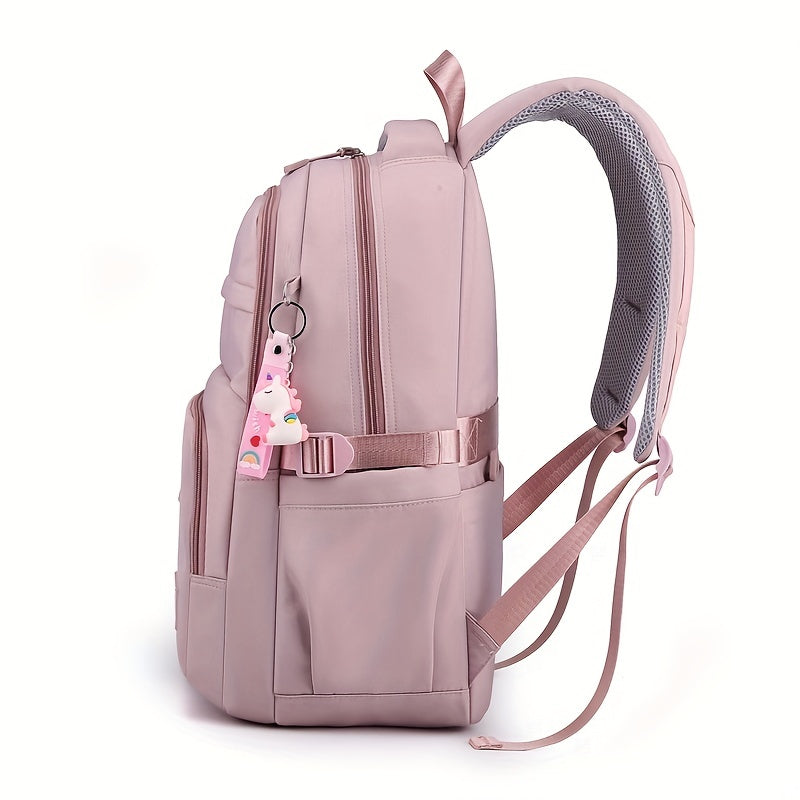 Large Capacity Double Shoulder Bag, Solid Color Fashion Casual Nylon Laptop Backpack with Adjustable Straps, Women's Stylish Versatile Cute Schoolbag