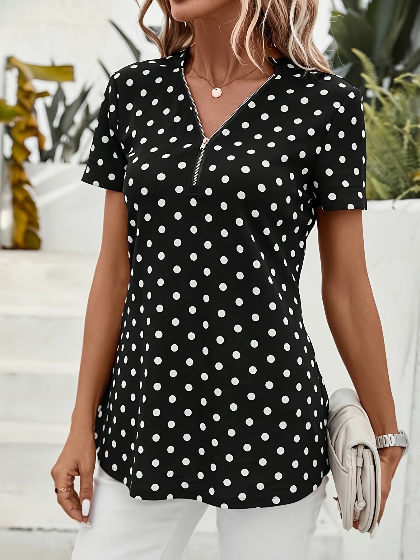 Polka Dots Print V Neck Blouse, Elegant Zipper Front Short Sleeve Blouse For Spring & Summer, Women's Clothing
