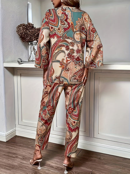 Conjunto Boho Paisley com Calça, Blusa de Manga Comprida com Botões Frontais e Calças Retas - Roupa Mulher