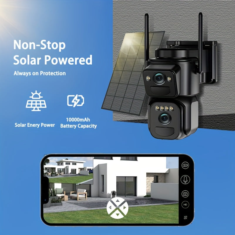 Multifunctional Security Camera with Solar Panel 2K 300W Pixel Video Resolution Wireless Outdoor WiFi Security Monitoring High-definition Dual Lens Automatic Rotation Pan Tilt Night Vision Motion Detection Bidirectional Call
