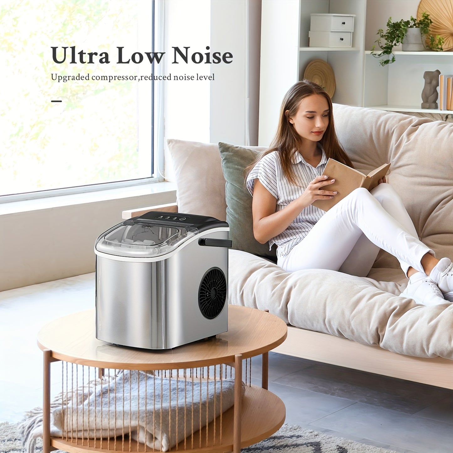 Máquina de gelo portátil, para bancada, produz 9 cubos de gelo em 6 minutos, 12 kg em 24 horas, inclui pá e cesto para gelo, ideal para casa, cozinha ou escritório, em aço inoxidável.