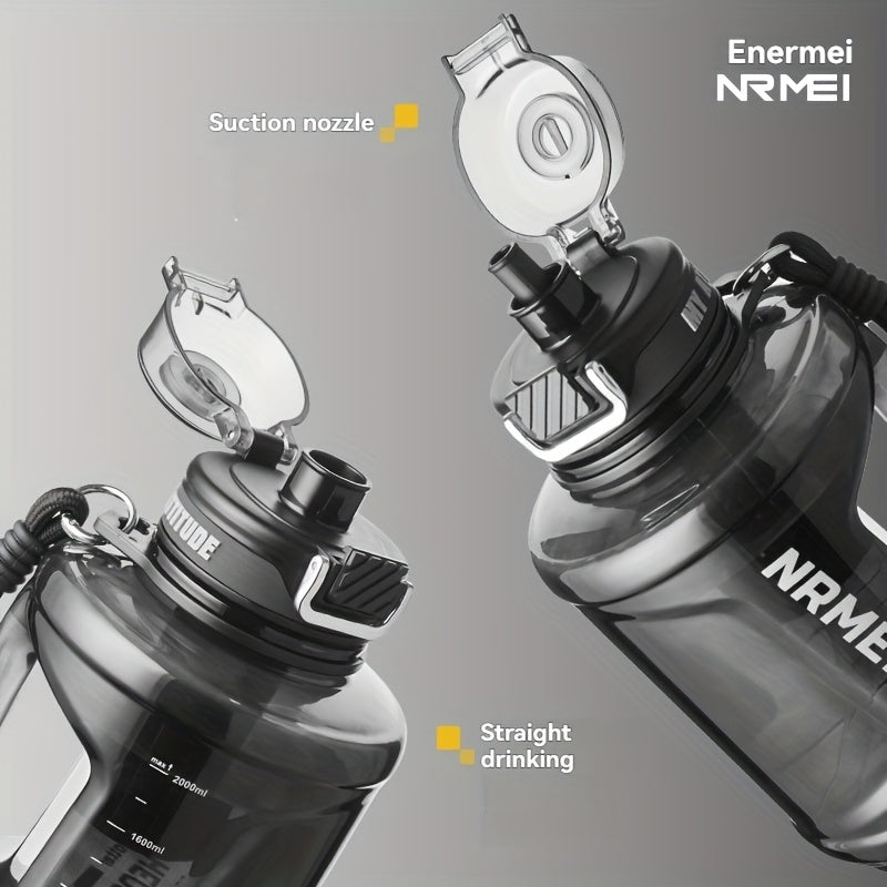 Garrafa de água NRMEI de 1,9 litros com marcador de tempo - Garrafa de hidratação de 1,9 litros livre de BPA, garrafa de água desportiva grande com palhinha e tampa, pega, adequada para campismo e ginásio.