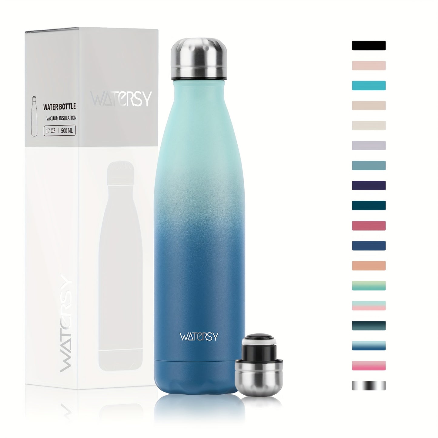 1pc WATERSY 17Oz/500Ml Outdoor Water Bottle 304 Stainless Steel Insulation for Heat Preservation And Cold Preservation with White Card And Silver Hot Stamping Box 2 Sealing Rings