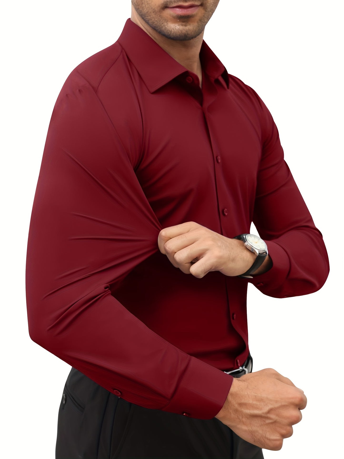 Men'S Slim Fit Long Sleeve Shirt - 55% Cotton, 40% Polyester, 5% Spandex, Solid Color, All-Season, Woven Fabric, Button-Up, Lapel Collar, Casual Weekend Wear, 125g/m²