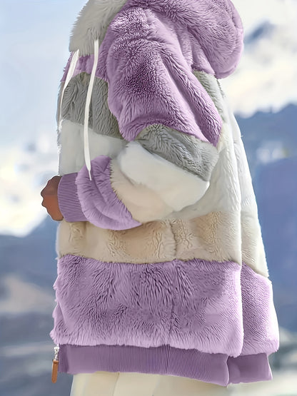 Women's Plush Faux Fur Hooded Jacket - Loose Fit Color Block Coat with Blue/Beige/White/Black Design, Long Sleeve Winter Warmth, Machine Washable for Casual & Formal Outfits, Ladies Winter Coats, Autumn Layering Piece, Formal
