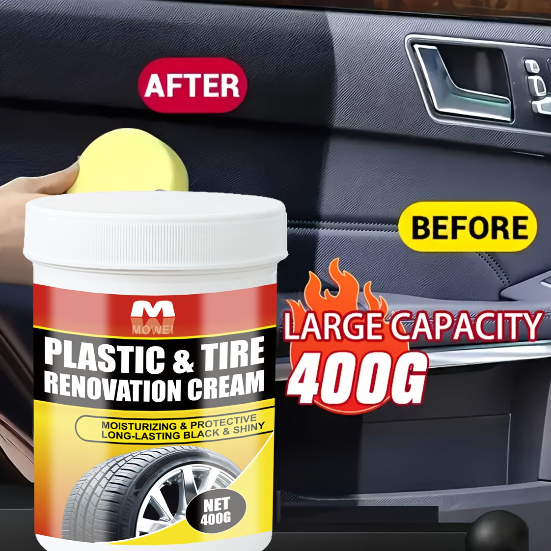 400g Multi-Surface Restorer Cream - Plastic & Tire Black Restoration, Anti-Aging Formula for Car Dashboard, Wheel Hubs, Sofa Seats - Universal Use, Before & After Results