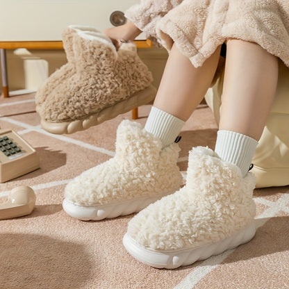 Women's Solid Color Fuzzy Slippers, High-top Round Toe Non-slip Thick Bottom Fluffy Warm Shoes, Winter Cozy Indoor Shoes