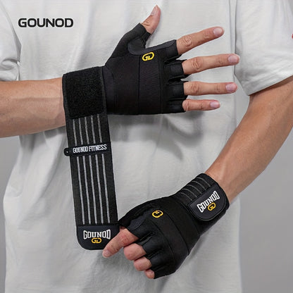 1 Par de Luvas de Halterofilismo GOUNOD - Reforço na virilha do polegar, Design resistente e antiderrapante, Fecho ajustável com velcro, Preto com detalhes em amarelo para fitness, desporto e musculação, acessórios para halterofilismo, luvas desportivas