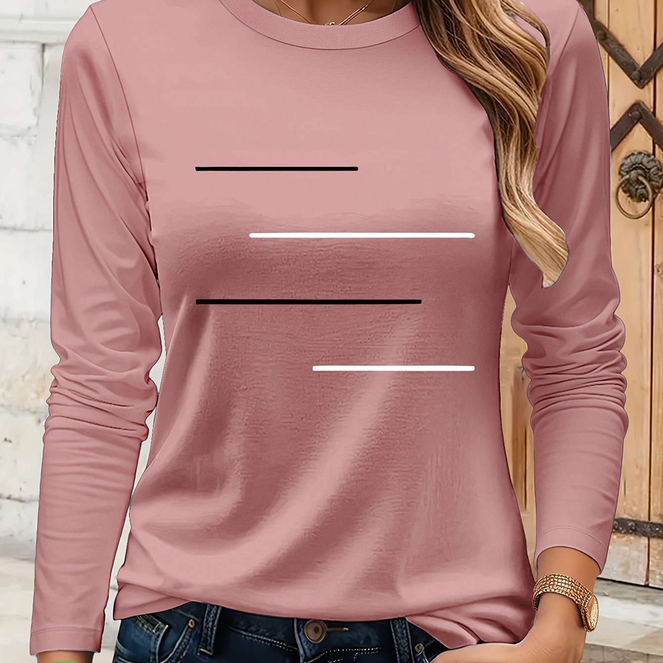 Simple Black and White Parallel Stripe Pattern Print T-Shirt, Suitable for Family Travel, Vacation, Casual, Parent- Matching Tee 9734