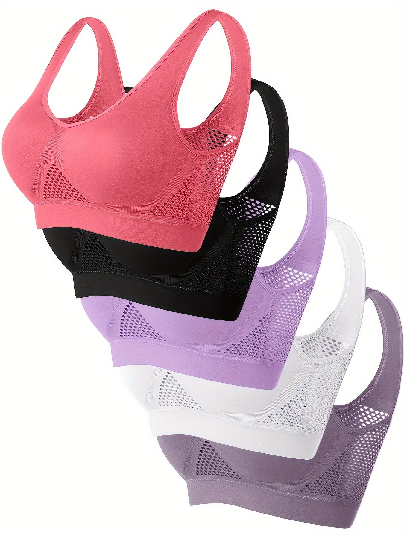 5pcs, Solid Color Sports Bras, Wire-Free, Padded, Breathable Mesh, High Elasticity for Yoga and Running