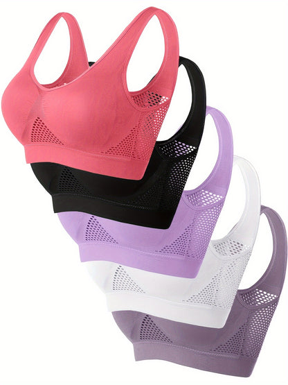 5pcs, Solid Color Sports Bras, Wire-Free, Padded, Breathable Mesh, High Elasticity for Yoga and Running