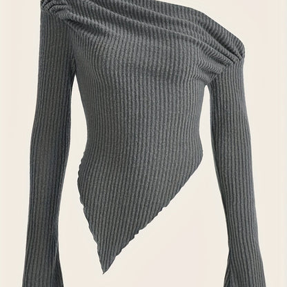 Solid Ruched Asymmetrical Neck T-Shirt, Casual Hanky Hem Long Sleeve Top For Spring & Fall, Women's Clothing