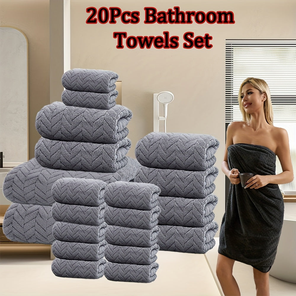 20pcs Bathroom Towel Set, Including 12 Wash Towels + 6 Towels + 2 Large Towels, Made of Microfiber, Multi-Color Available, Soft And Comfortable, with Lanyard Design, Suitable for Bathroom And Hotel, For Body, Face Towel, Bath