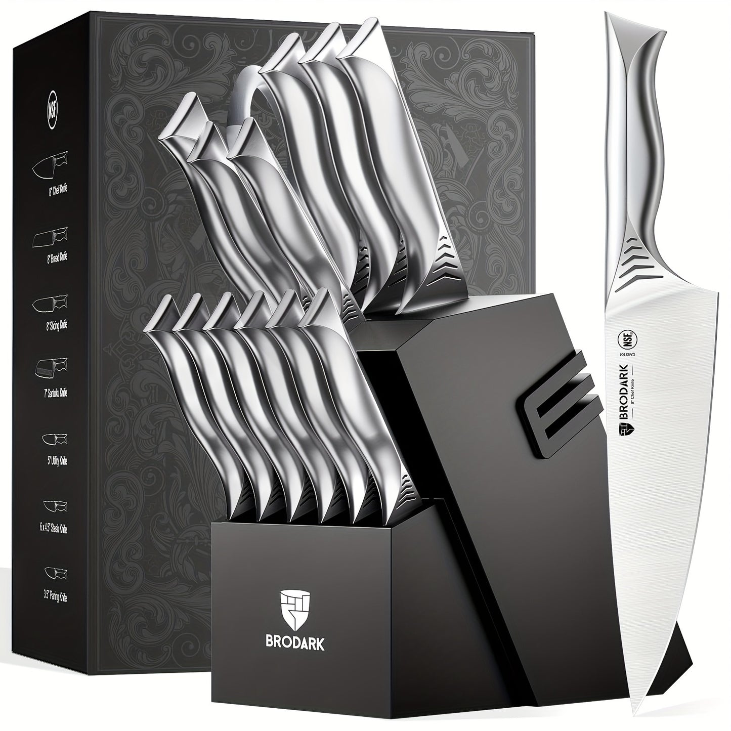 Brodark Kitchen Knife Set With Block, 15pcs Knife Block Set With Built-in Sharpener, Stainless Steel Knives Set For Kitchen, NSF Certified Kitchen Knives, Shark Series