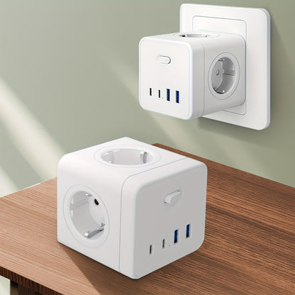 5-in-1 Portable Power Socket Adapter - 4000W Large Capacity, Compact Cube Design with 4 USB Ports & 2 AC Outlets, European Plug, On/Off Switch for Home & Office Appliances, White, Power Adapter for Electronics, Versatile Char