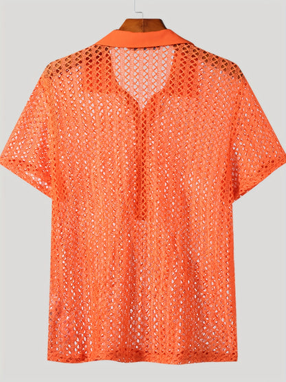 [Popular Choice] Trendy Sheer Mesh Cut-Out Top - Sexy Collared Short Sleeve Shirt in Bright Colors, Polyester, Summer Wear, Short Sleeve, Fas Shirt.hionNova, Sexy Style, Loosen Version, Summer