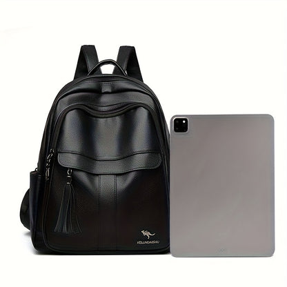 Women's 2025 New Style Synthetic Backpack with Tassel Charm - Glossy Black Soft Shell Travel Backpack, Detachable Adjustable Shoulder Straps & Zipper Closure, Spacious Laptop Compartment & Practical Pockets for Work, School,
