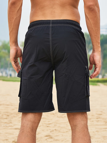Men's Quick-Dry Swim Shorts with Adjustable Drawstring Waist & Pockets - Sporty Solid Black Beach Shorts for Swimming, Surfing, Water Sports - Machine Washable Regular Fit, Swimming Gear | Sleek Construction