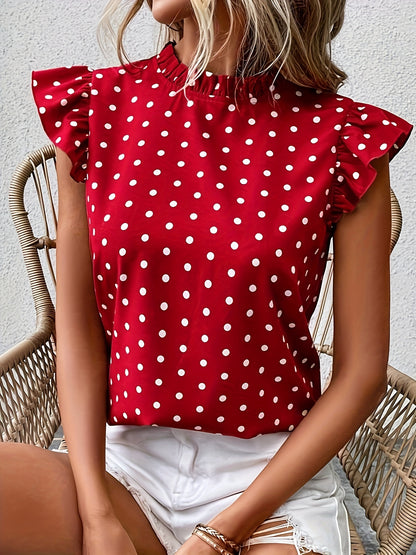 Polka Dot Print Mock Neck Blouse, Elegant Ruffle Sleeve Blouse For Spring & Summer, Women's Clothing