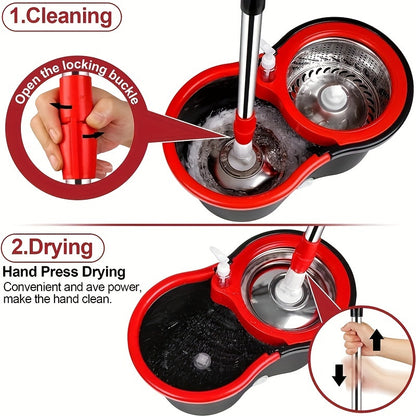 360-degree Rotating Mop and Bucket, 154.94cm Stainless Steel Mop Handle with Adjustable Length, Comes with 3 Ultrafine Fiber Replacement Mop Heads, Very Suitable for Cleaning on Boats, Floor Cleaning, Ceiling Cleaning