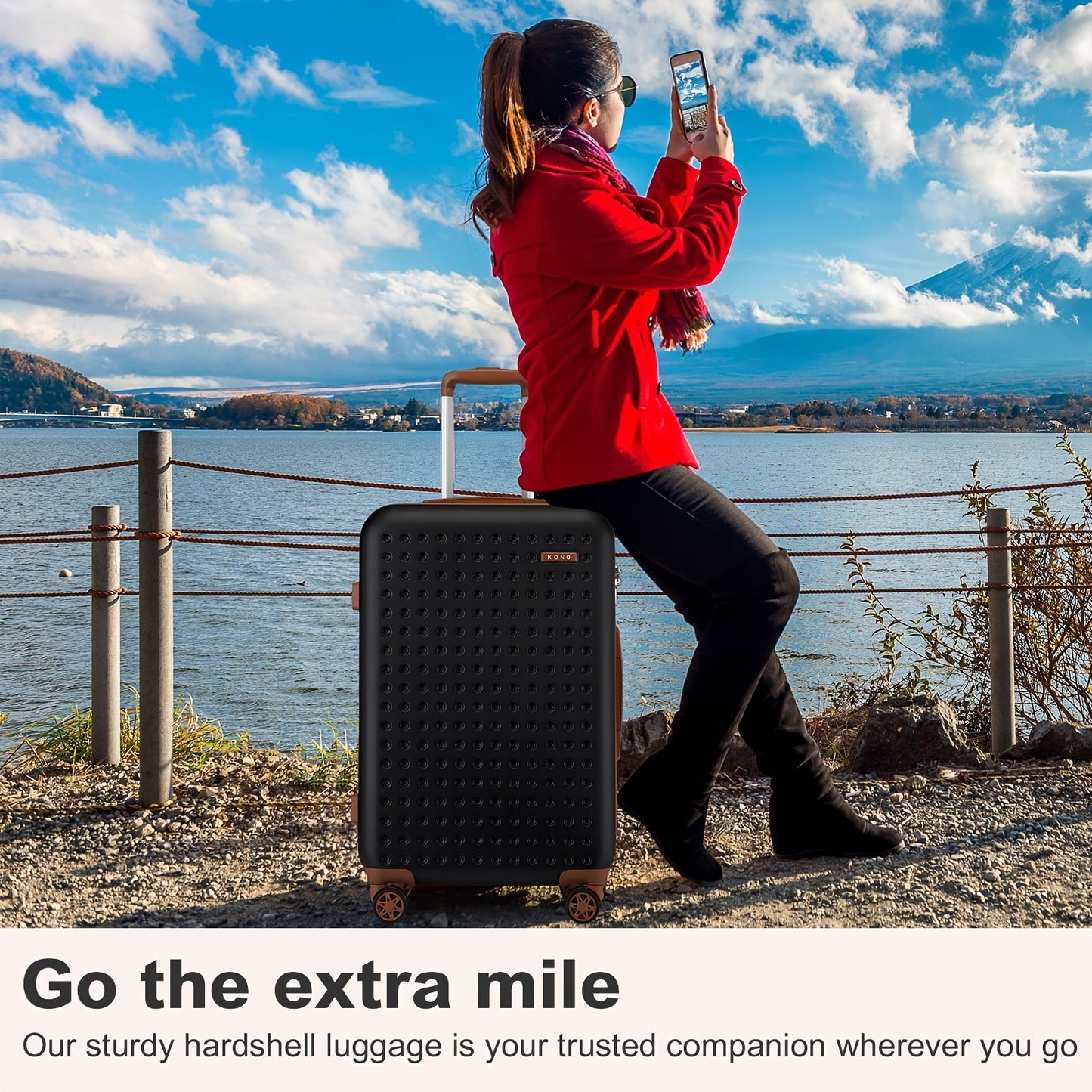 Kono Lightweight Hard-Shell ABS+PC Checked Luggage Suitcase with 360° Spinner Wheels, Built-In TSA Lock & Aluminum Frame - Multi-Size Options, Black & Brown Travel Suitcase with Retractable Handle, Durable Airline- Carry-On