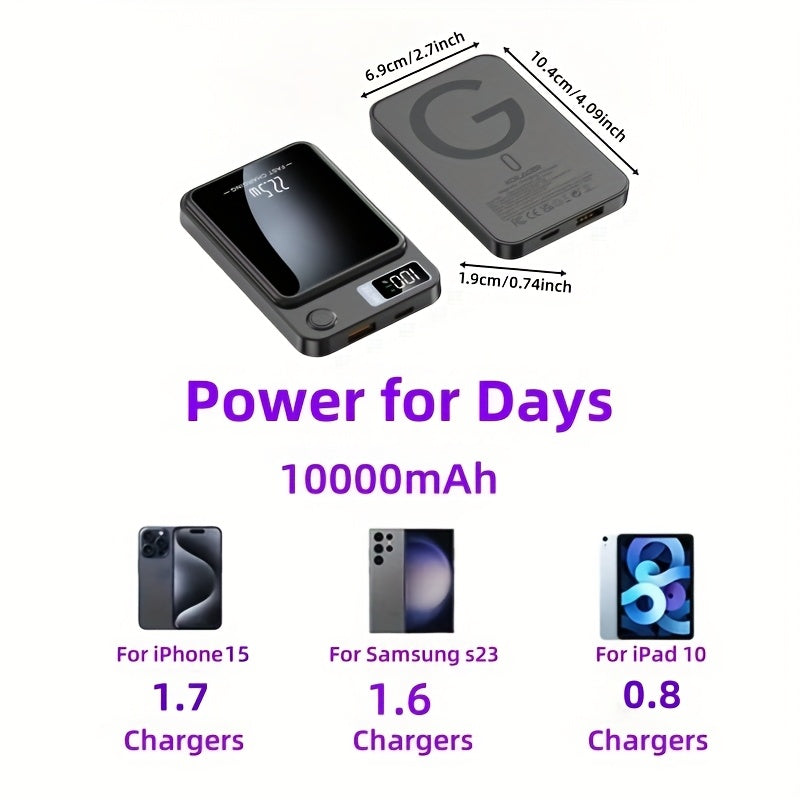 1pc KOILAGER 10000mAh Portable Power Bank with Ultrathin Magnetic Wireless Charging, 22.5W Super Fast Charge, PD20W Bi-directional Fast Charging, 15W Wireless Power, LED Display, Dual Power USB/Type-C for iPhone 16/15pro/14ma