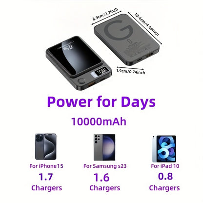 1pc KOILAGER 10000mAh Portable Power Bank with Ultrathin Magnetic Wireless Charging, 22.5W Super Fast Charge, PD20W Bi-directional Fast Charging, 15W Wireless Power, LED Display, Dual Power USB/Type-C for iPhone 16/15pro/14ma
