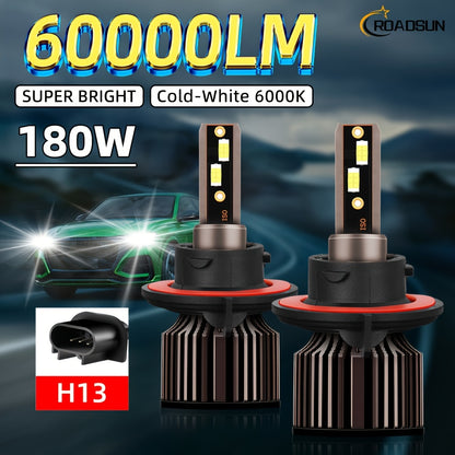 2pcs ROADSUN LED Bulbs - 60000LM Ultra Bright, 180W, 6000K Cool White, H1/H7/H11/9005/9006/H4/H13/9007/9004 Compatible, Plug & Play, Cooling Fan, Aviation Aluminum Housing, 12V/24V Compatible, for Cars, Trucks, SUVs, Motorcyc