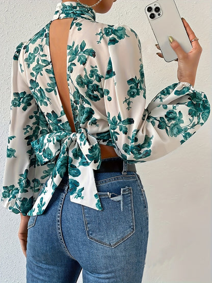 Floral Print Tie Back Crop Blouse, Elegant Lantern Sleeve Cut Out Blouse For Spring & Fall, Women's Clothing