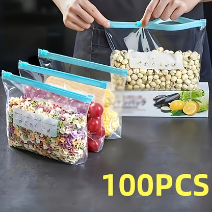 100pcs Reusable Zipper Storage Bags - Multi-Purpose Transparent Food Freshness Bags, Suitable for Fruits, Grains, Vegetables, and Meat - Essential Kitchen Organizer & Produce Bags, Pantry Essentials, Food Preservation, Compac