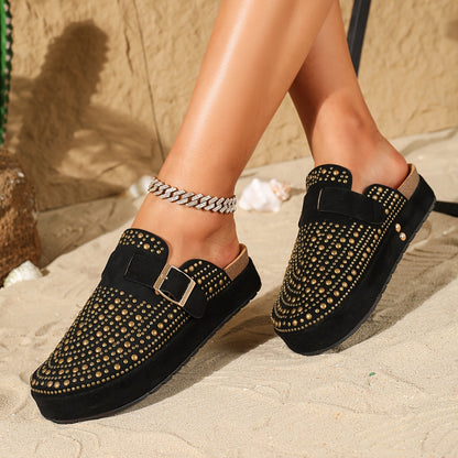 2025 Summer New Rhinestone Vacation Style Casual Slip-On Thick Sole Beach Mules