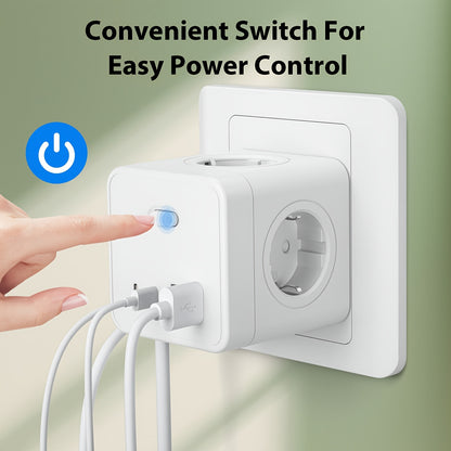 5-in-1 Portable Power Socket Adapter - 4000W Large Capacity, Compact Cube Design with 4 USB Ports & 2 AC Outlets, European Plug, On/Off Switch for Home & Office Appliances, White, Power Adapter for Electronics, Versatile Char