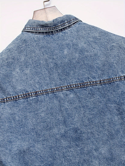 Men's Trendy Ripped Design Casual Button Up Long Sleeve Denim Shirt, Men's Clothes For Spring Summer Autumn, Tops For Men