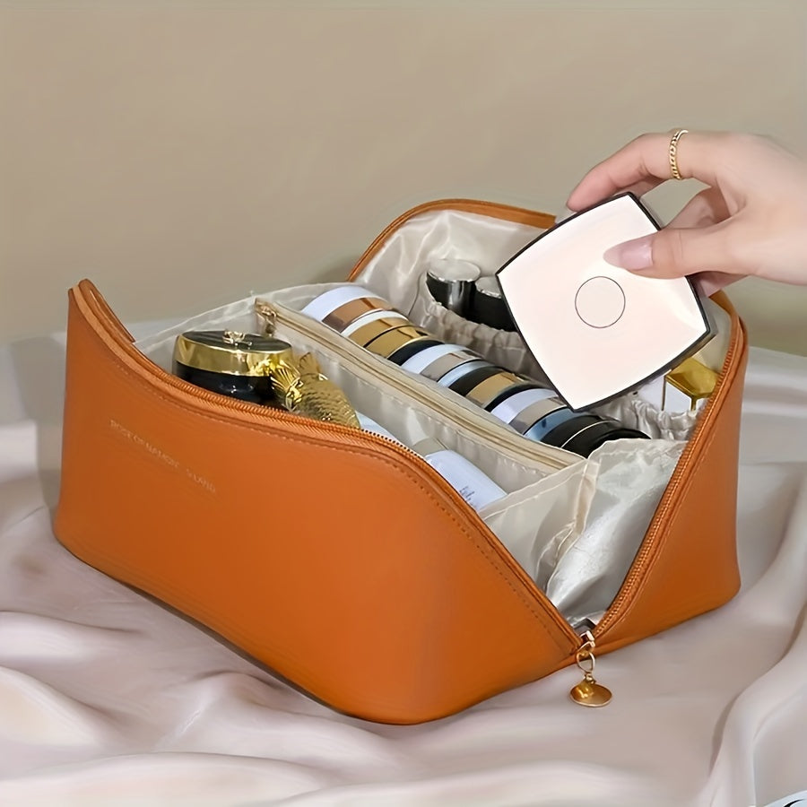 1pc Fashionable Artificial Leather Makeup Bag, Portable Travel Cosmetic Organizer with Handle, Large Capacity Toiletry Storage Pouch, Ideal for Christmas, Halloween, Thanksgiving Gift - No Fragrance