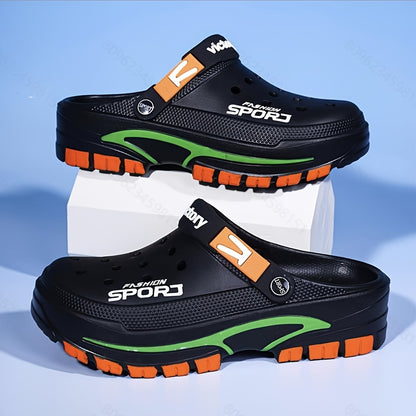 2025 Summer Men'S Lightweight Breathable Slip-On Clogs - Durable EVA Beach Shoes with Ventilation Holes, Black & Orange Design for Casual Casual Attire, Summer Footwear | Trendy Slipon Shoes | Lightweight Footwear