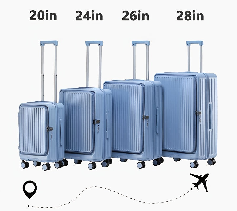 Hard Shell Spinner Luggage, Front Opening, Telescopic Handle, Durable ABS+PC Material, TSA Lock, Cup Holder, Shock Absorbing Wheels, Iron Pull Handle, No Electricity Required, No Print, for Travel