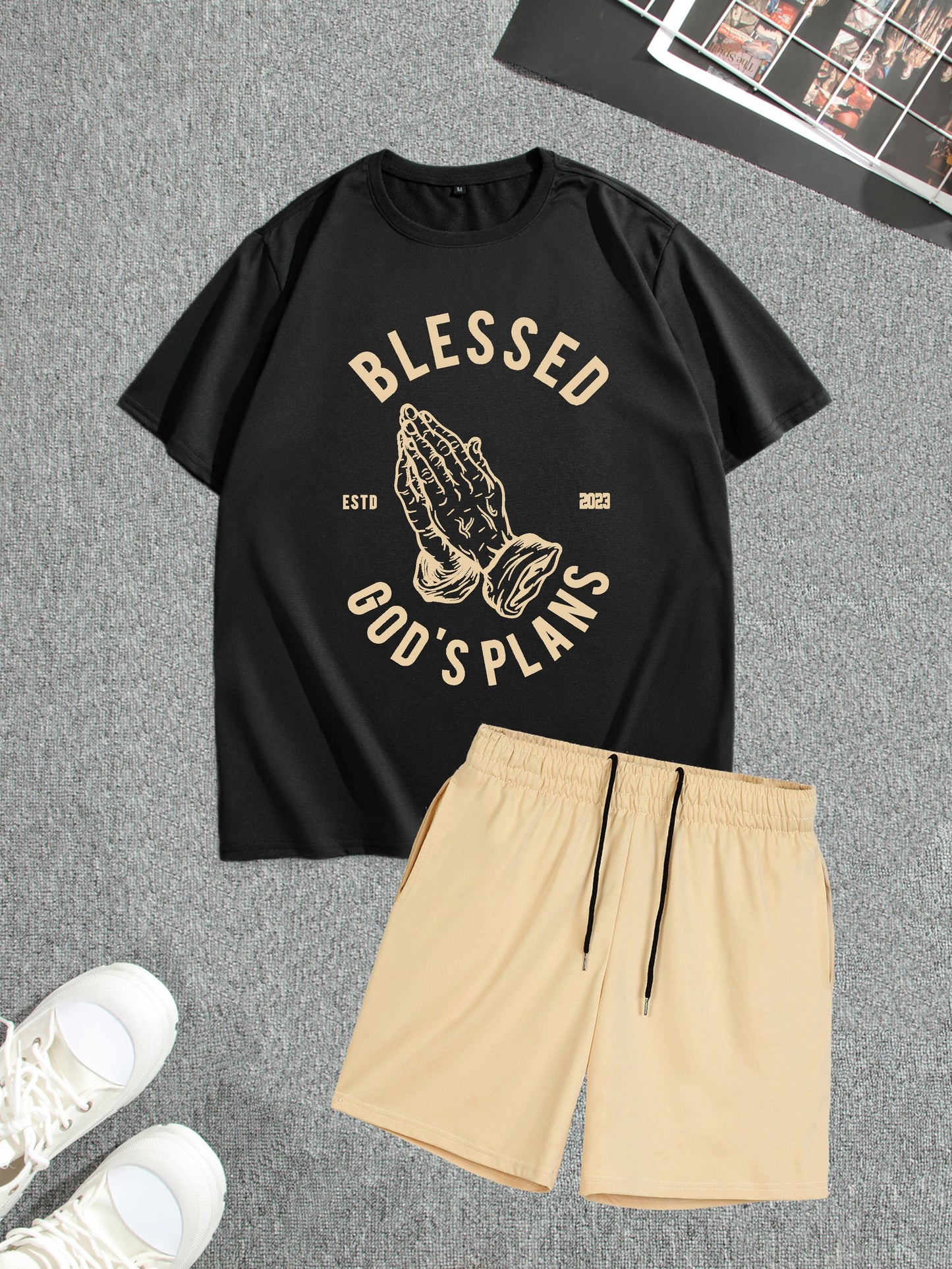 Men's Street Style Summer 2PCS Outfits, Male's Trend TRUST Graphic Short-sleeve Crew Neck T-shirt Drawstring Shorts Set, Casual Clothes For Men