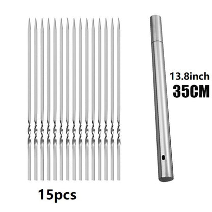 15pcs Stainless Steel Skewers & 1 Tube Storage For Barbecue, Reusable Grill Skewers, Shish Kebab BBQ Camping Flat Forks Gadgets, Outdoor Camping Picnic, Cookware Barbecue Tool Accessories