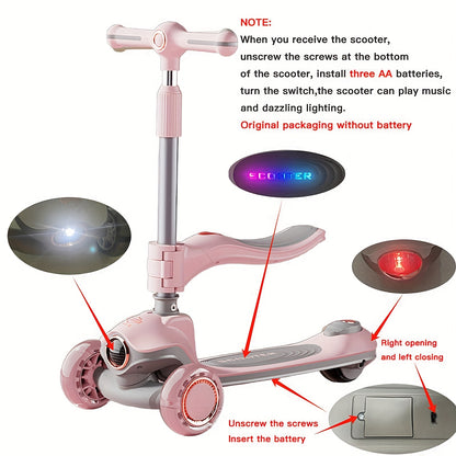 Kids Scooter with Foldable Seat & 2-in-1 Sit & Stand Modes, 5-Level Adjustable Handlebar, Pink with LED Lights & Music, 2-Wheel Stability, Front Brakes & Rear Suspension, Heavy-Duty Construction for Boys & Girls 3-12 Years (B