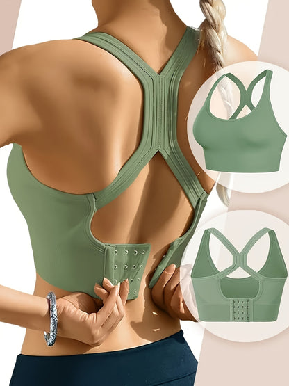 Solid Stretchy Adjustable Racer Back Sports Bra, Comfy & Breathable Push Up Fitness Bra, Women's Lingerie & Underwear