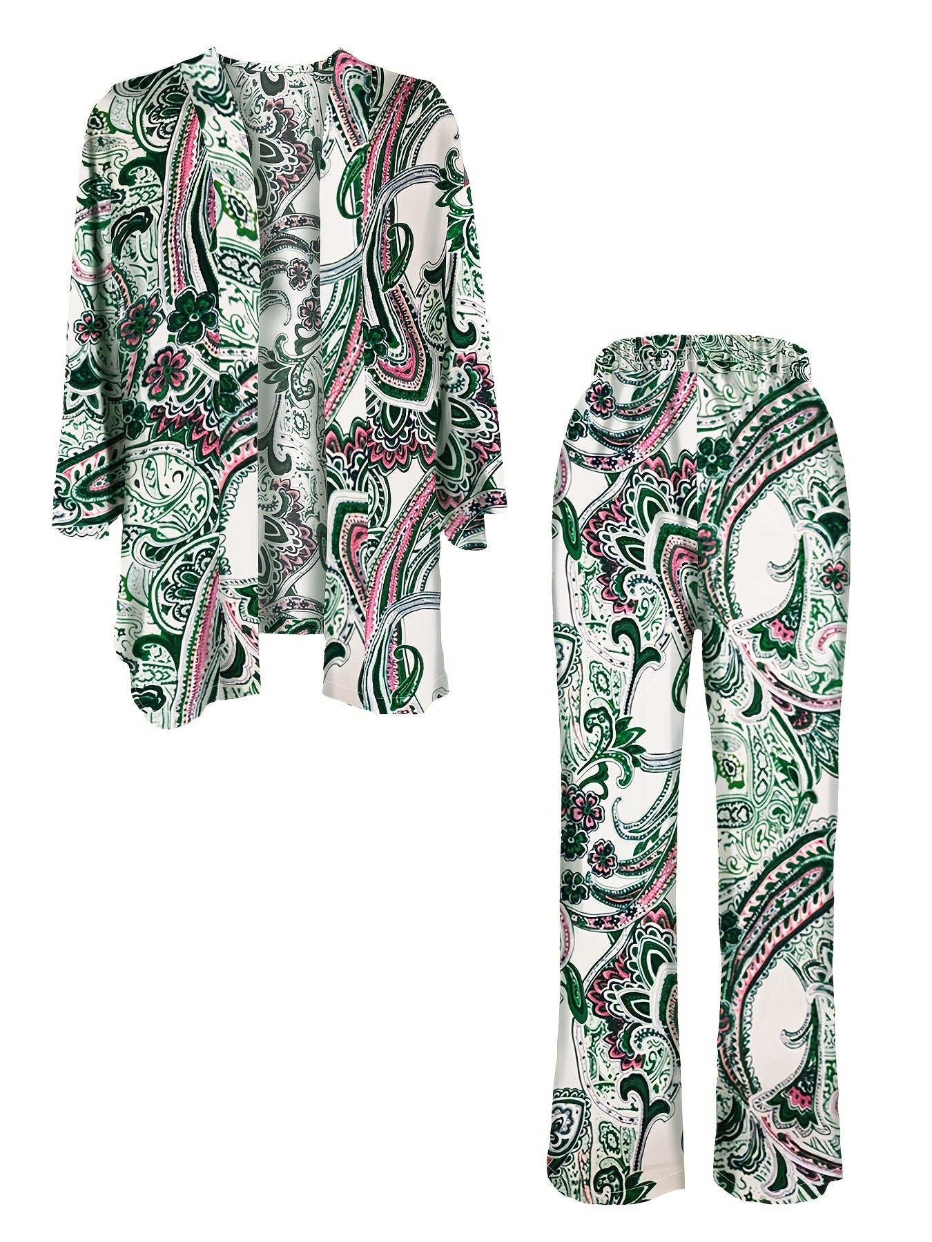 Conjunto Boho Paisley com Calça, Blusa de Manga Comprida com Botões Frontais e Calças Retas - Roupa Mulher