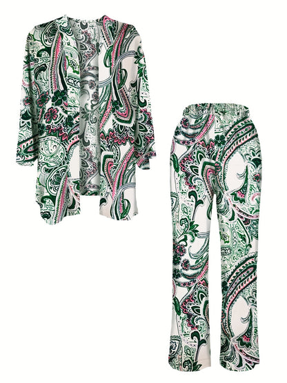 Conjunto Boho Paisley com Calça, Blusa de Manga Comprida com Botões Frontais e Calças Retas - Roupa Mulher